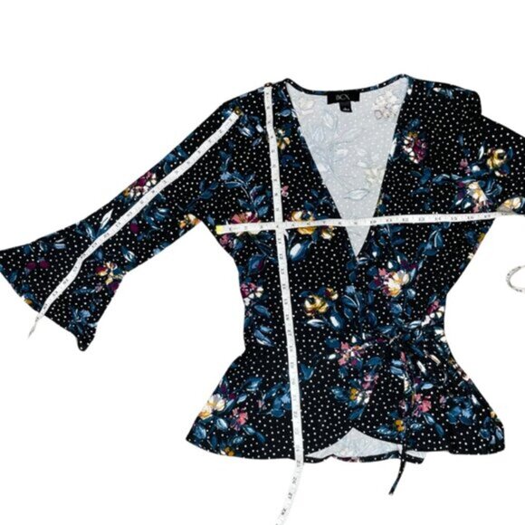 BCX Women's Faux-Wrap Polka Dot Peplum 3/4 Bell Sleeves Top Sz L - Picture 4 of 6